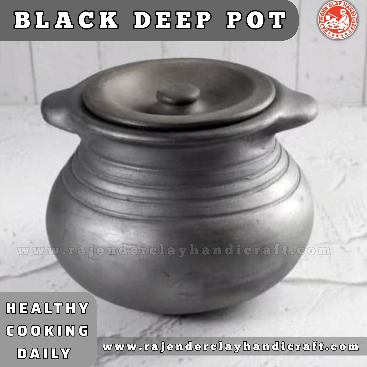 Black Deep Pot Handi - 100% Handmade by Rajender Clay Handicraft for Cooking Dal, Biryani, Pulao, Curries, and More