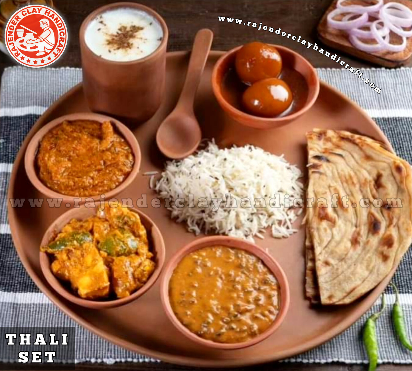 Handmade Clay Thali Set 14 Inch by Rajender Clay Handicraft | 1 Plate, 4 Bowls, 1 Spoon, 1 Glass | Traditional Mitti Dinner Set for Healthy Eating | Natural, Eco-Friendly, Earthenware