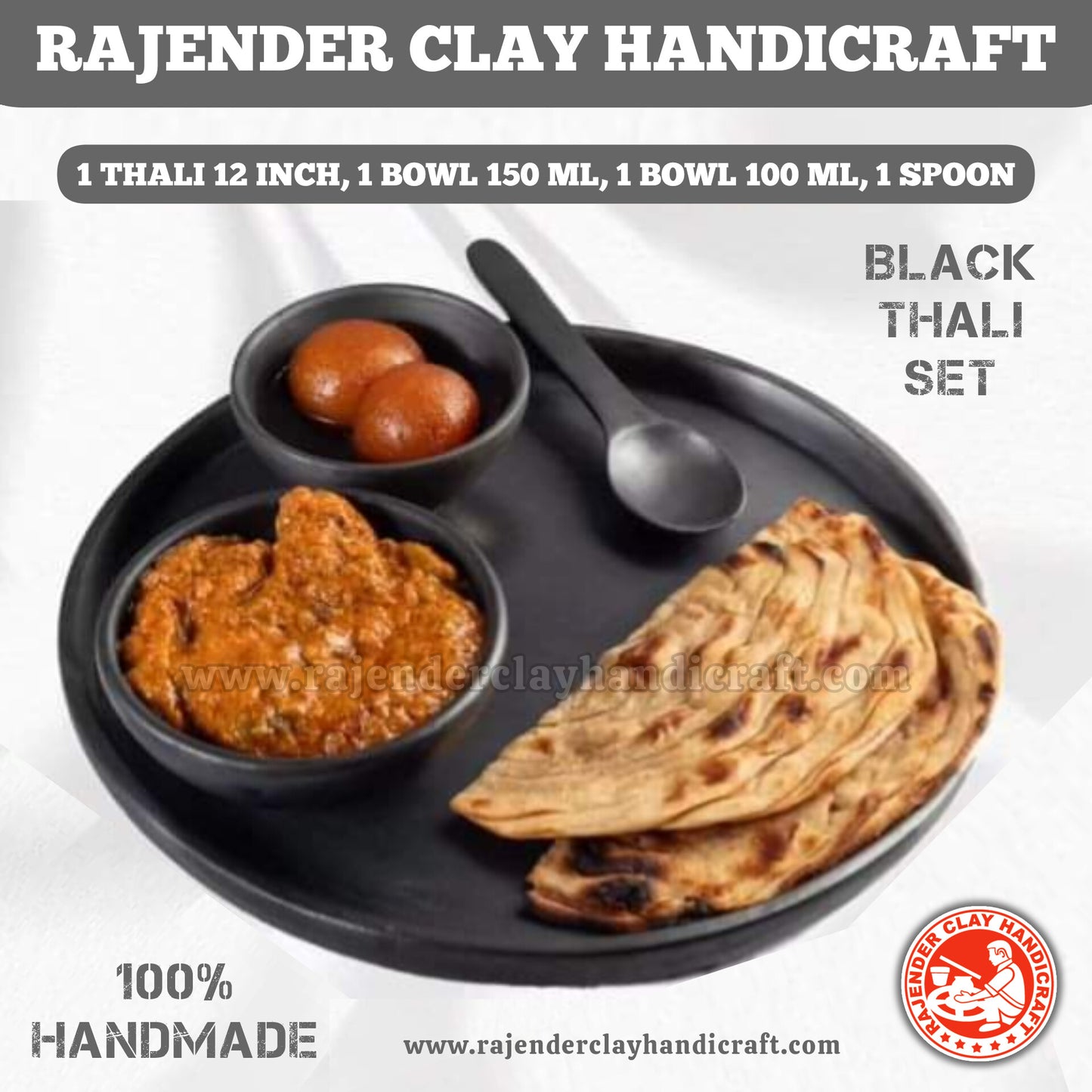 Handmade Black Clay Thali Set 12 Inch by Rajender Clay Handicraft | 1 Plate, 2 Bowls, 1 Spoon | Traditional Mitti Dinner Set for Healthy Eating | Natural, Eco-Friendly, Earthenware