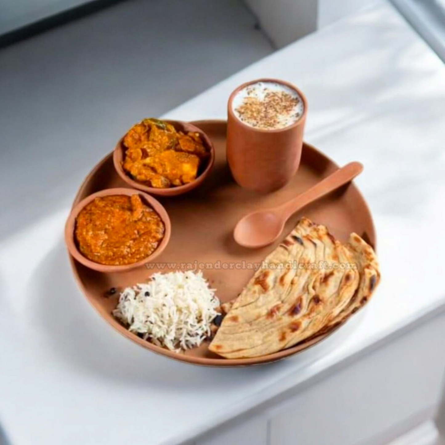 Handmade Clay Thali Set 12 Inch by Rajender Clay Handicraft | 1 Plate, 2 Bowls, 1 Spoon, 1 Glass | Traditional Mitti Dinner Set for Healthy Eating | Natural, Eco-Friendly, Earthenware
