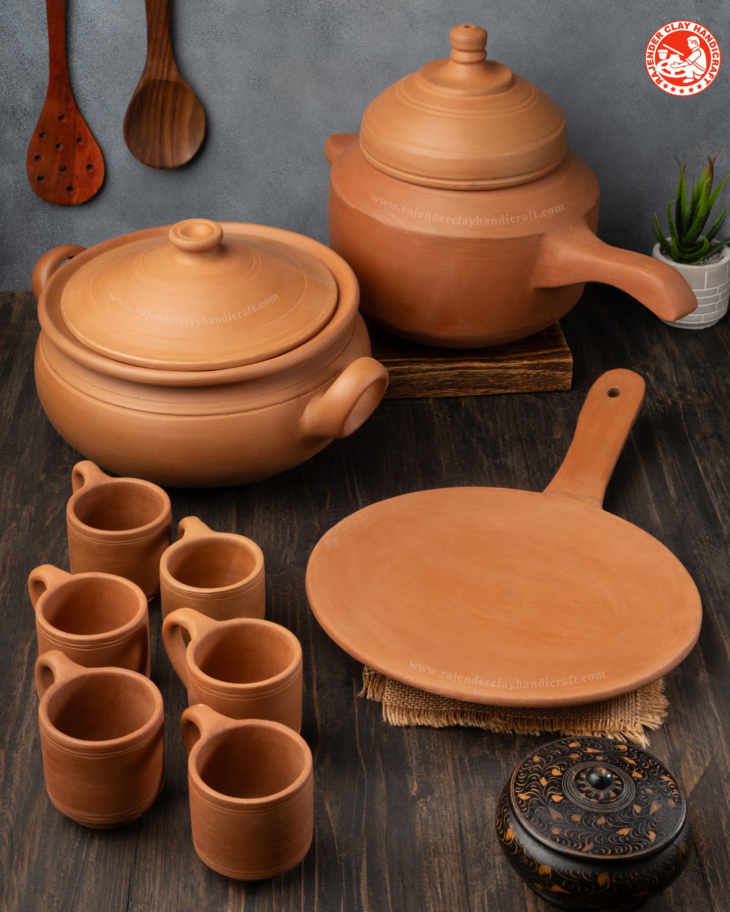 COMBO PACK 5 - Cooker 4 Liter, Kadhai 3 Liter, Natural Handle Tawa, 6 Cups 150 ml, Handmade Clay Utensils by Rajender Clay Handicraft