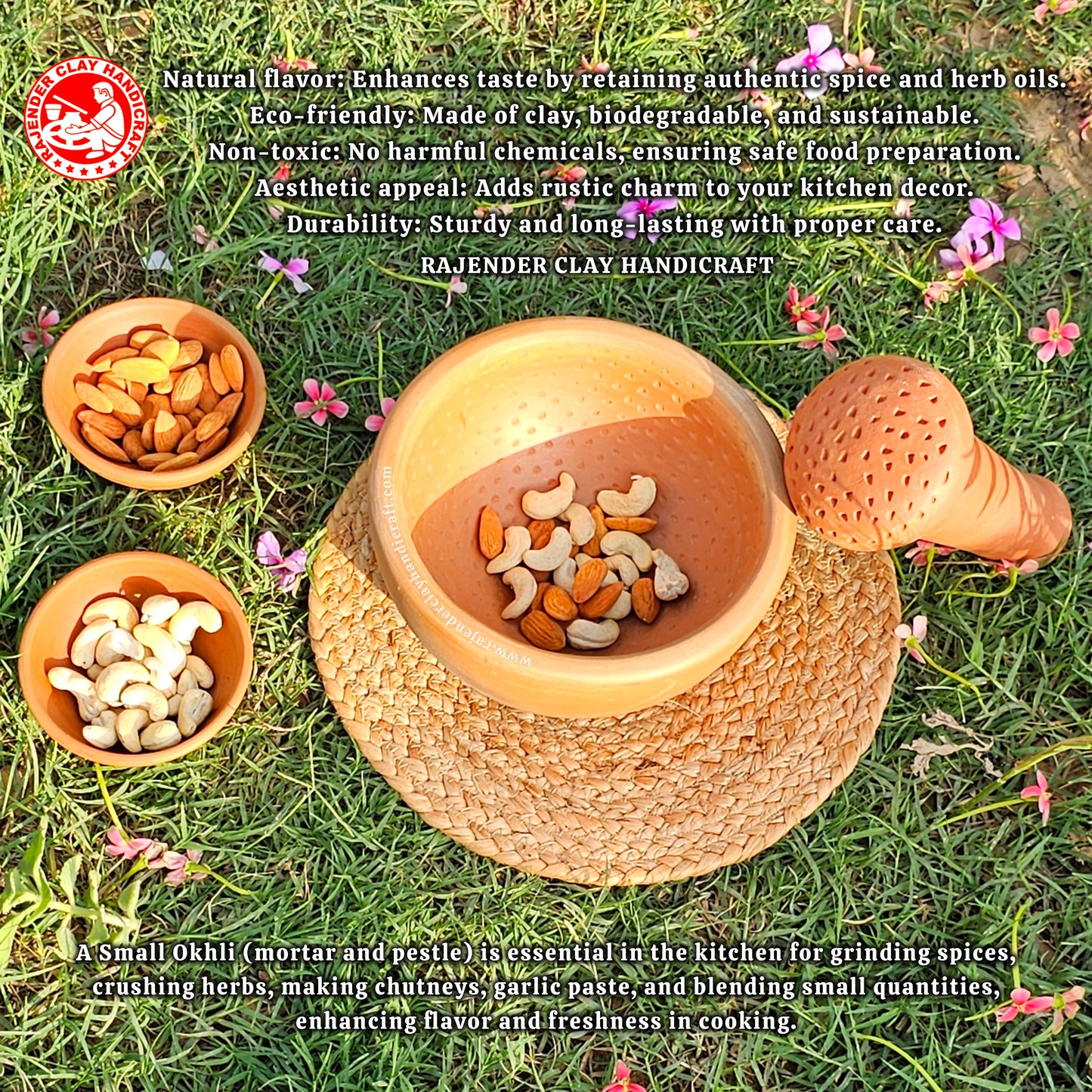 Mitti Desi Okhli by Rajender Clay Handicraft - Traditional Kitchen Khalbatta/Okhli Masher for Grinding Spices and Herbs