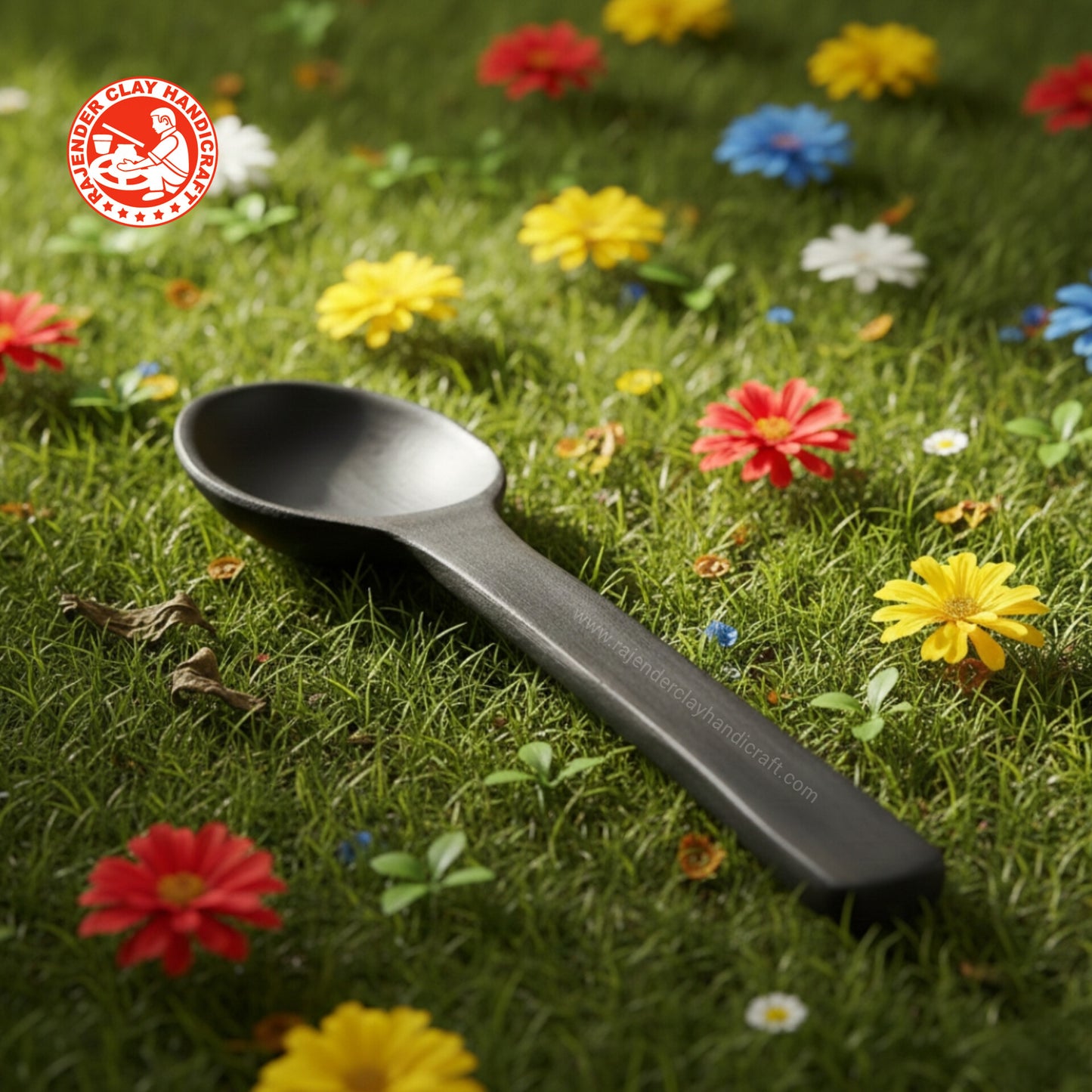 Black Flat Serving Spoon (Spatula) | Handmade Mitti Clay Turner for Cooking & Serving | Natural, Eco-Friendly, Chemical-Free | Traditional Kitchen Tool by Rajender Clay Handicraft