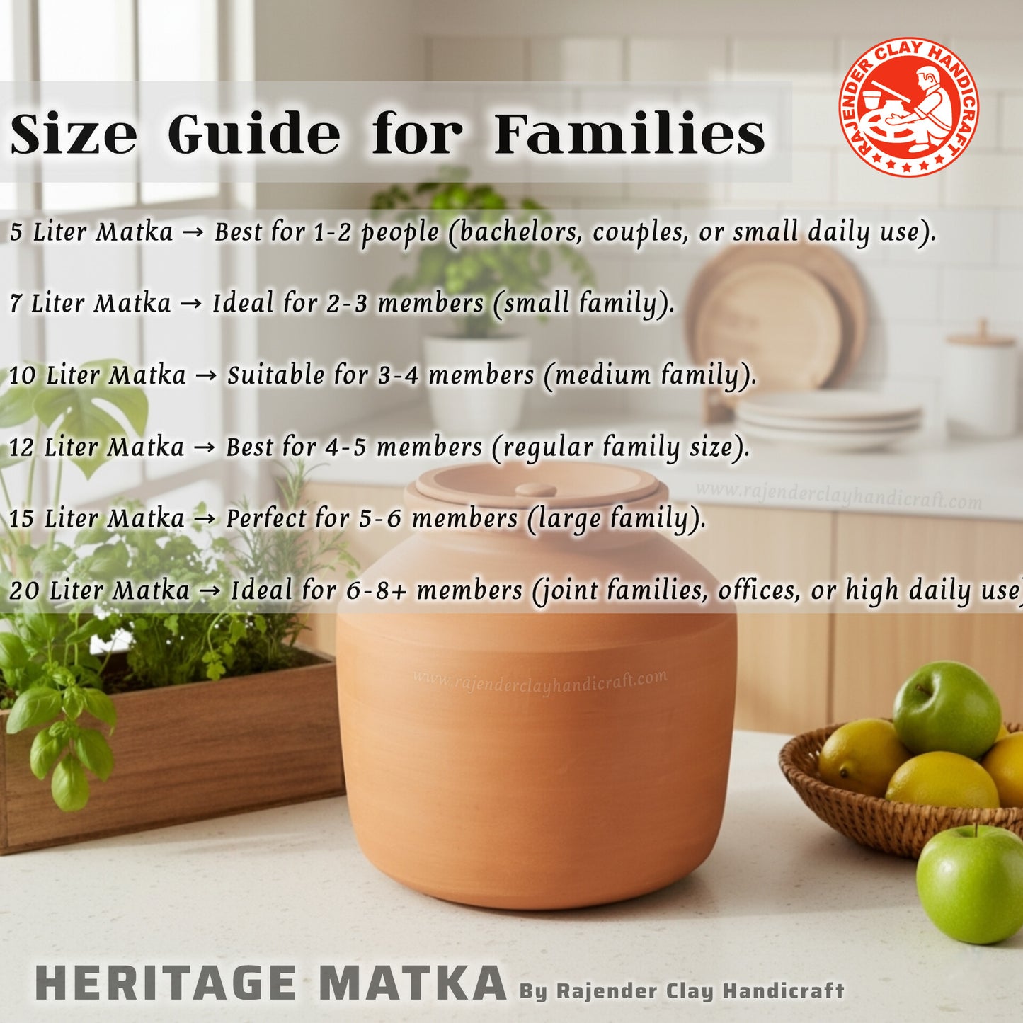 Heritage Matka by Rajender Clay Handicraft | 100% Pure Natural Mitti Clay Water Pot | Handmade Earthen Pot for Cool, Pure & Healthy Drinking Water | Eco-Friendly & Traditional