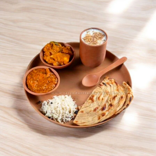 Handmade Clay Thali Set 12 Inch by Rajender Clay Handicraft | 1 Plate, 2 Bowls, 1 Spoon, 1 Glass | Traditional Mitti Dinner Set for Healthy Eating | Natural, Eco-Friendly, Earthenware