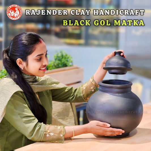Mitti Black Gol Matka for Water – Handmade Eco-Friendly Clay Pot by Rajender Clay Handicraft