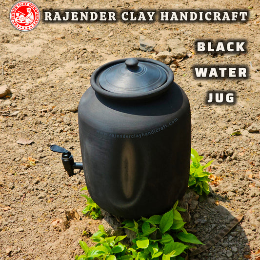 Black Clay Water Jug with Tap – 100% Natural, Handmade by Rajender Clay Handicrafts