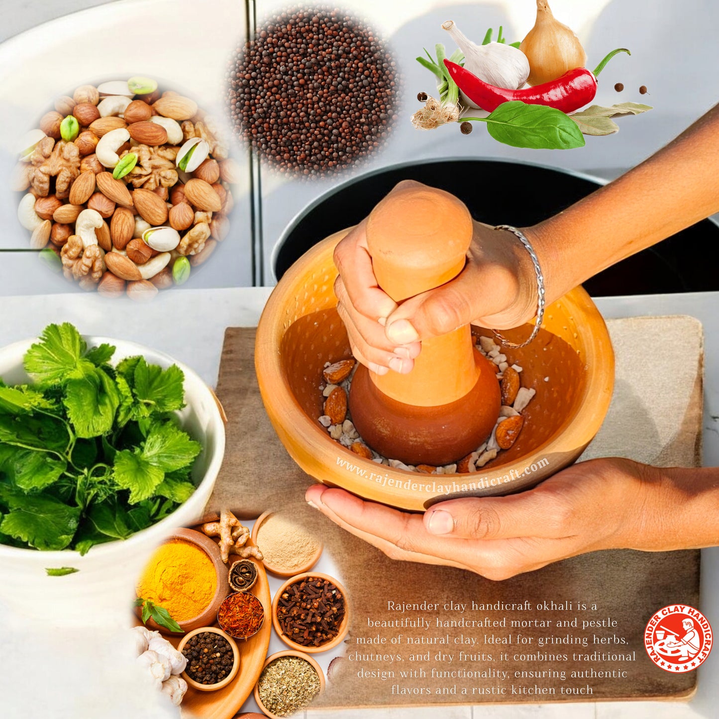 Mitti Desi Okhli by Rajender Clay Handicraft - Traditional Kitchen Khalbatta/Okhli Masher for Grinding Spices and Herbs
