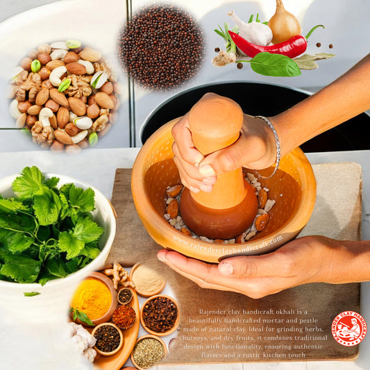 Mitti Desi Okhli by Rajender Clay Handicraft - Traditional Kitchen Khalbatta/Okhli Masher for Grinding Spices and Herbs