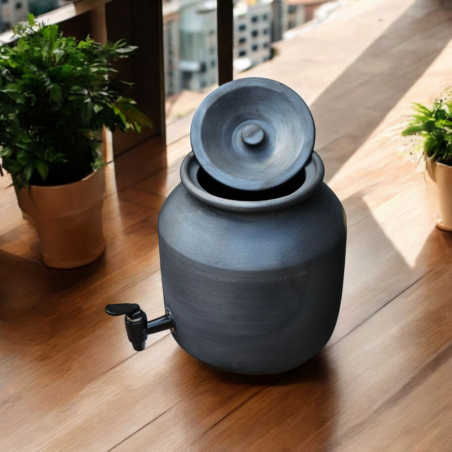 Black Clay Water Jug with Tap – 100% Natural, Handmade by Rajender Clay Handicrafts