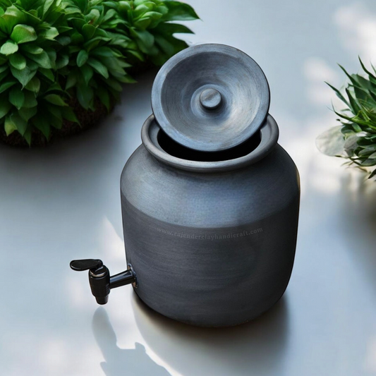 Black Clay Water Jug with Tap – 100% Natural, Handmade by Rajender Clay Handicrafts
