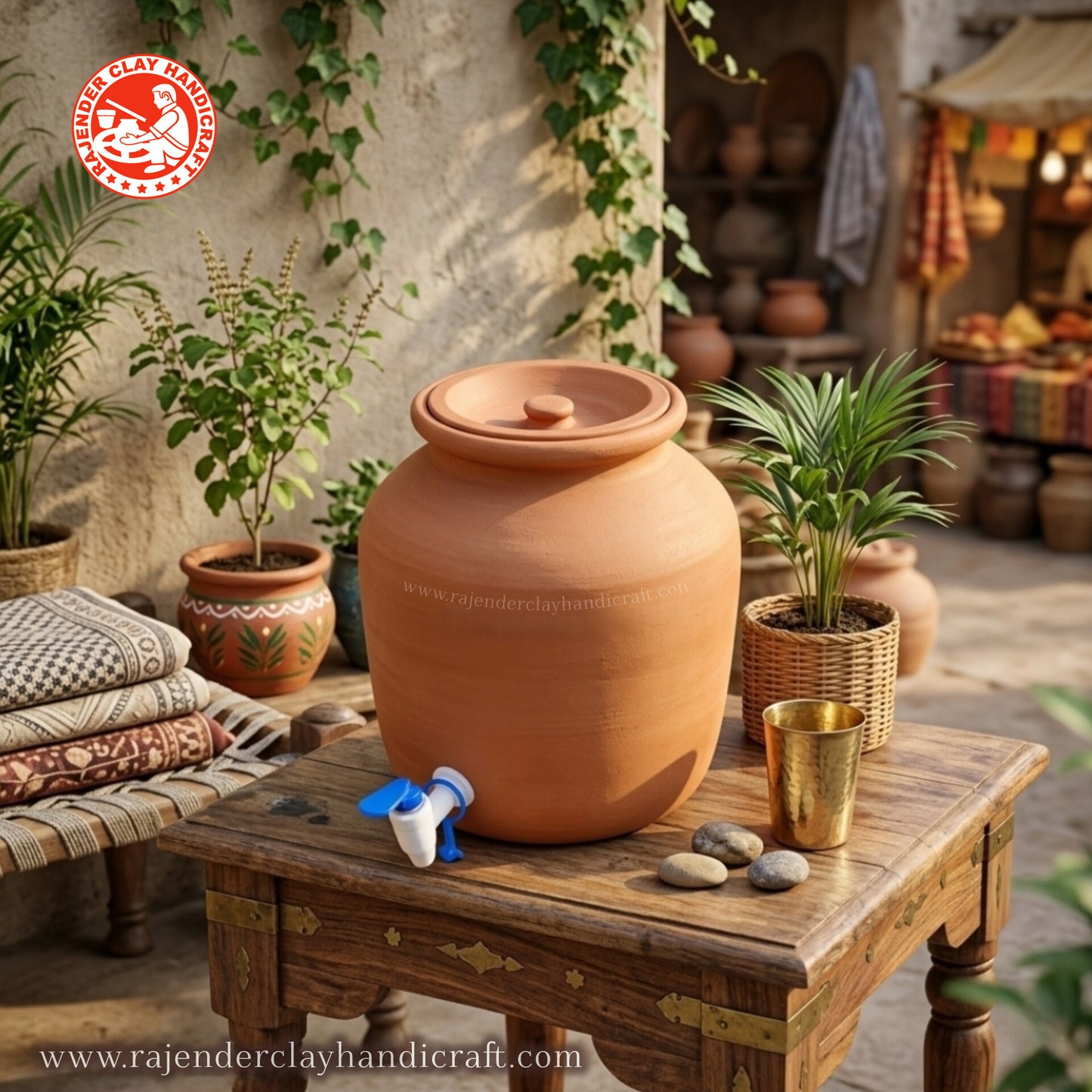 Mitti Water Jug With Down Lid - Traditional Clay Water Pitcher by Rajender Clay Handicraft