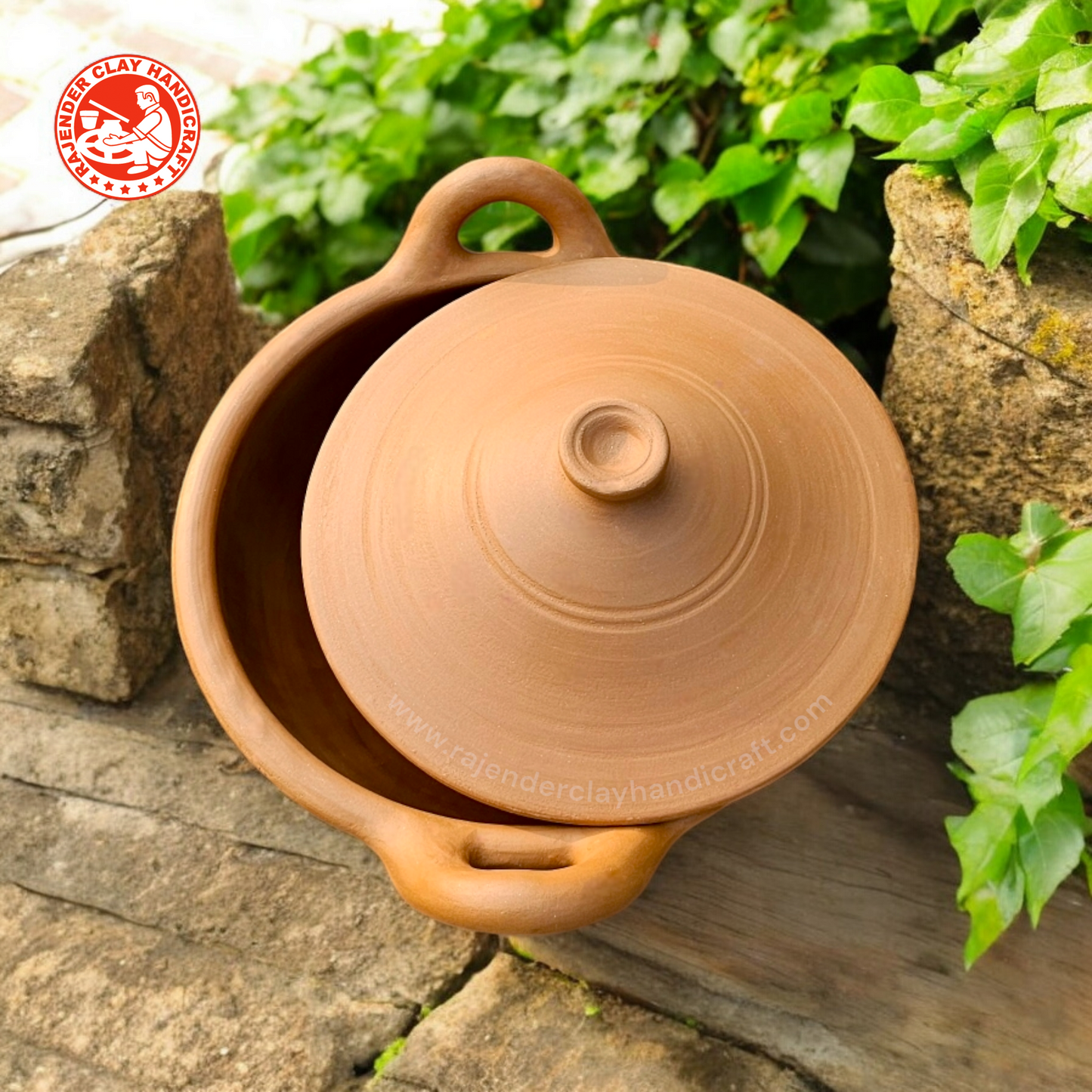 Mitti Kadhai With Lid by Rajender Clay Handicraft - Traditional Earthen Clay Wok for Authentic Cooking