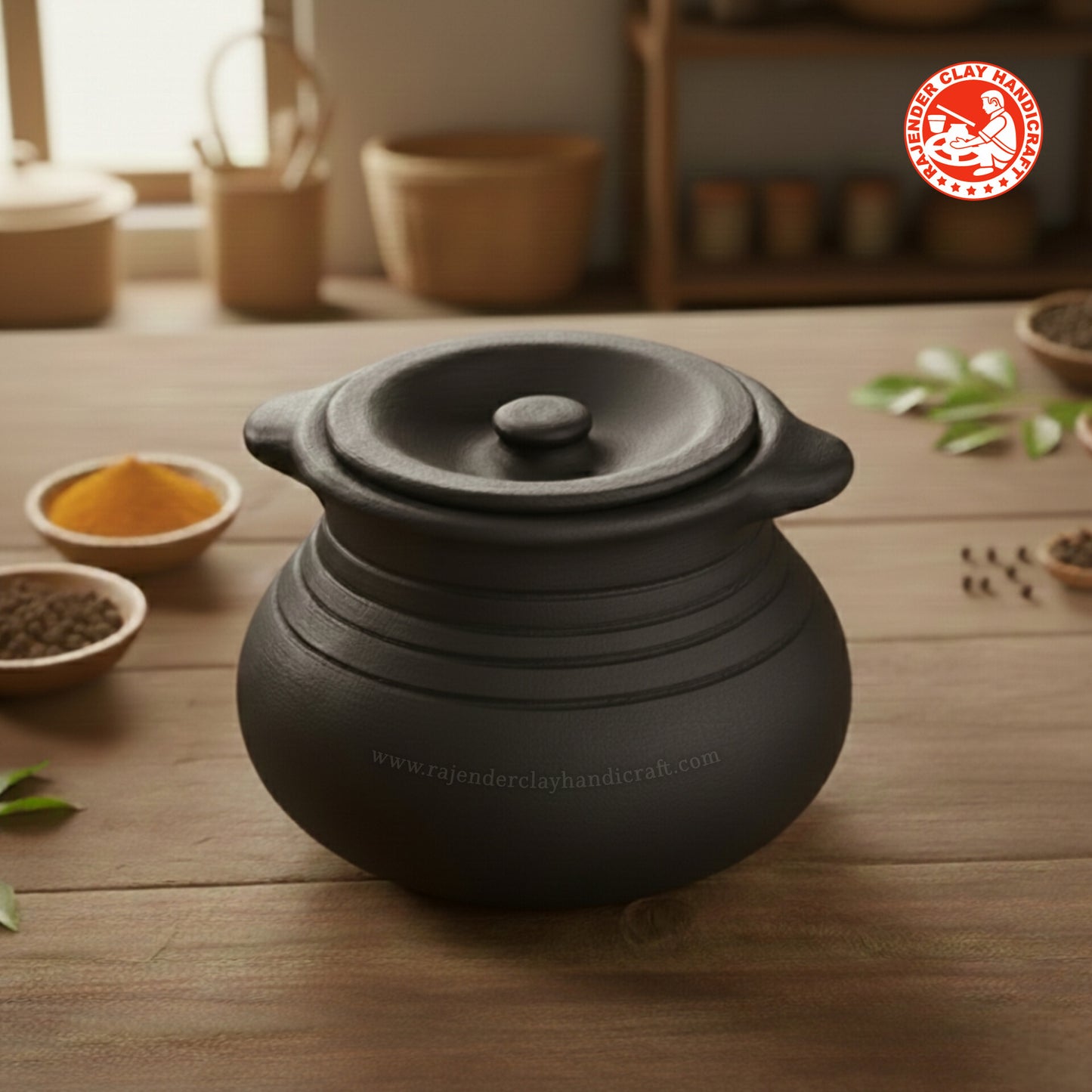 Black Deep Pot Handi - 100% Handmade by Rajender Clay Handicraft for Cooking Dal, Biryani, Pulao, Curries, and More