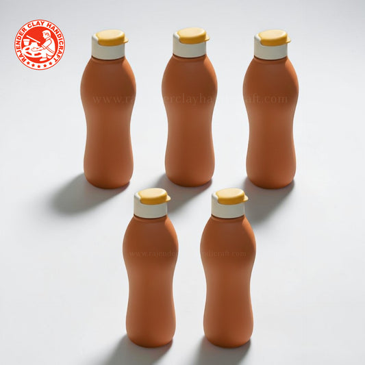 Set of 5 Mitti Desi Carry Bottle | 100% Handmade Clay Water Bottle | Natural Earthen Cooling Drinkware | Eco-Friendly Traditional Matka Bottle for Home, Office & Travel | Rajender Clay Handicraft