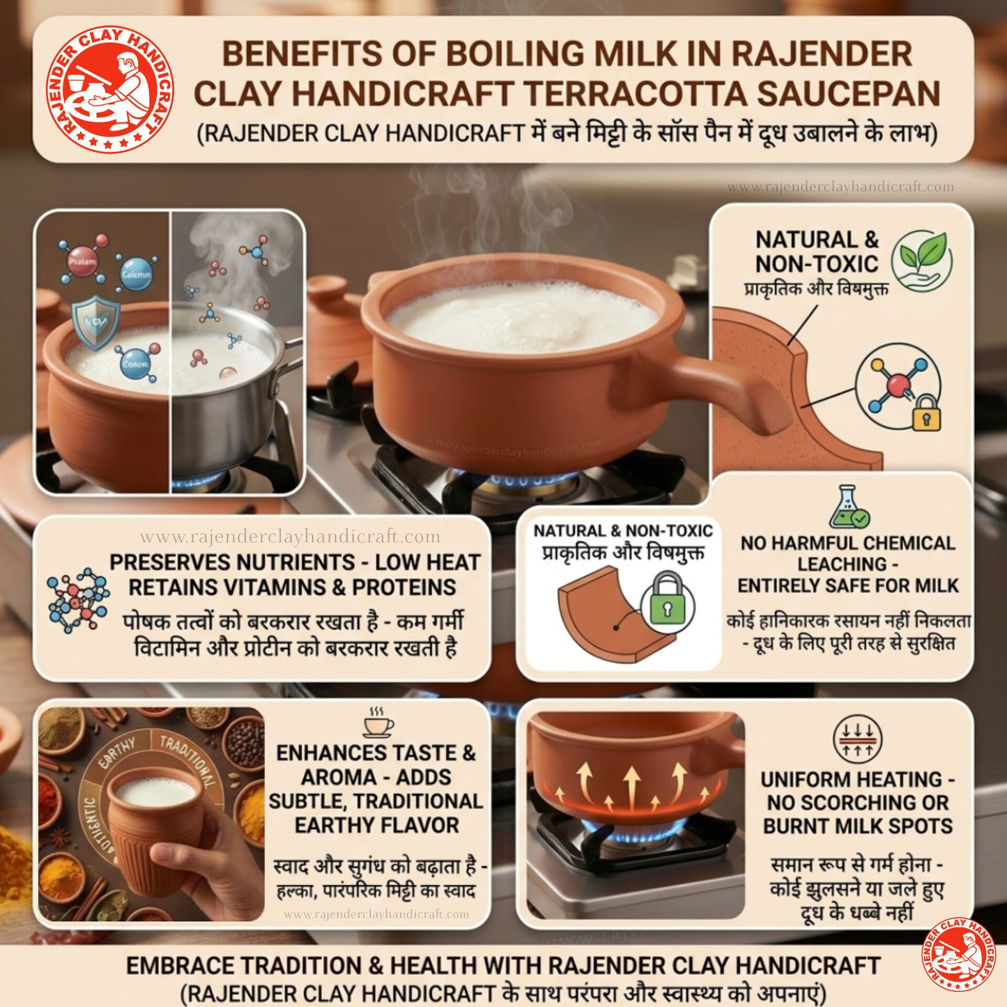 Mitti Sauce Pan by Rajender Clay Handicraft Handmade Clay Pan for Tea Milk Cooking Traditional Earthen Cookware Natural Terracotta Saucepan Eco Friendly Healthy Clay Pot Kitchen Use