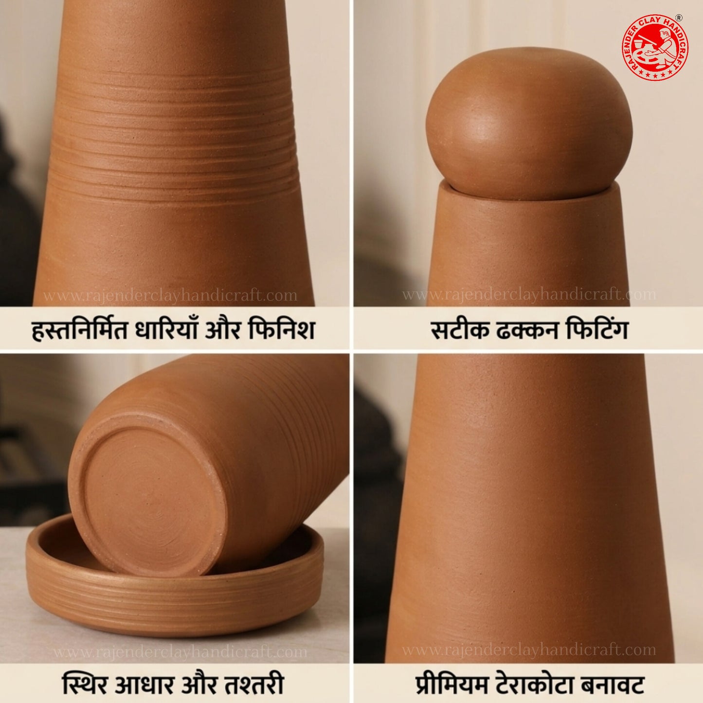 Premium Handmade Terracotta Water Bottle Carafe with Lid & Base Plate | Natural Earthen Clay Water Bottle for Natural Cooling, Traditional Dining & Bedside Use