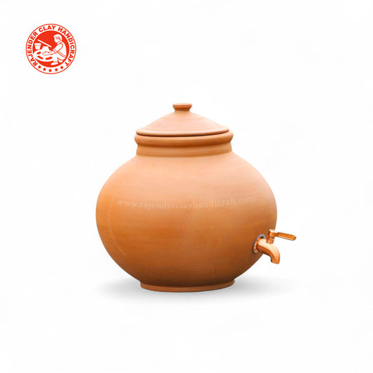 Mitti Gol Matka with Metal Tap | Handmade Clay Water Pot | Natural Cooling Earthen Pot for Drinking Water | Eco-Friendly, Traditional, Alkaline Water Storage for Home & Office by Rajender Clay Handicraft