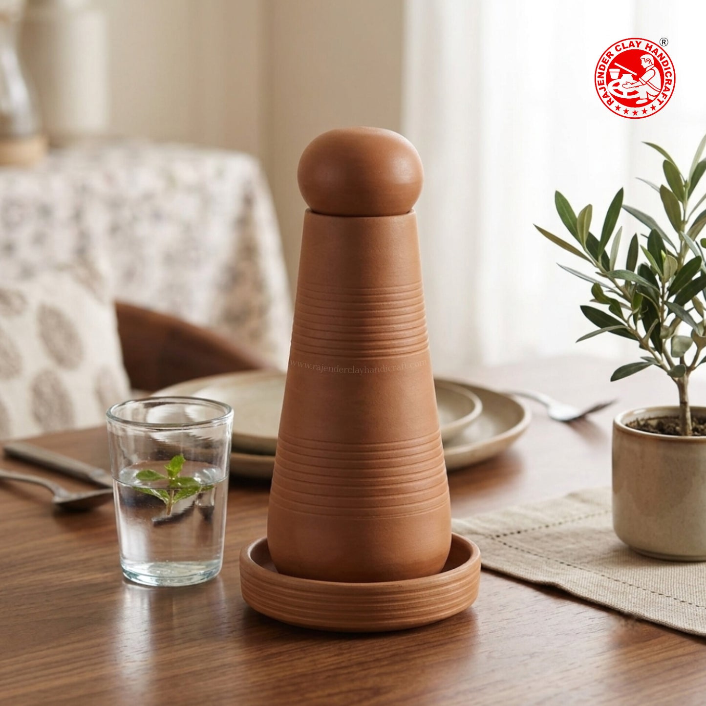 Premium Handmade Terracotta Water Bottle Carafe with Lid & Base Plate | Natural Earthen Clay Water Bottle for Natural Cooling, Traditional Dining & Bedside Use