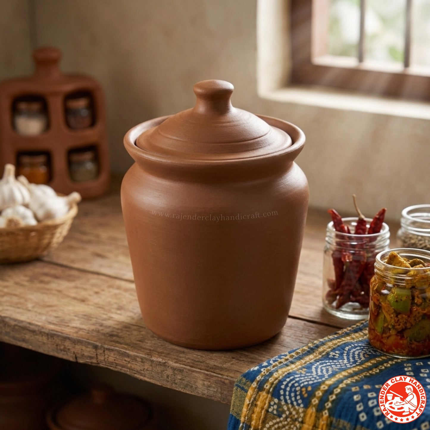 Premium Handmade Mitti Pickle Jar with Lid | Clay Achar Martban for Pickle Storage | Natural Earthen Pot for Spices, Salt & Sugar | Eco-Friendly Chemical-Free | Rajender Clay Handicraft