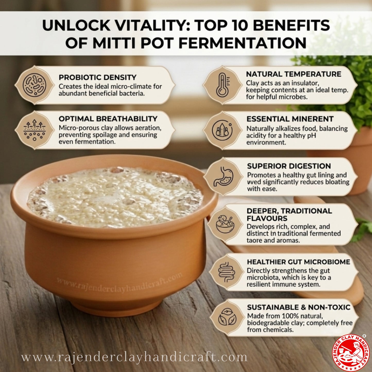 Premium 100% Natural Unglazed Terracotta Mitti Pot | Toxin-Free Multipurpose Earthen Handi for Healthy Ambali Fermentation, Traditional Thick Curd Making, Rice Pulav & Authentic Food Serving Bowl