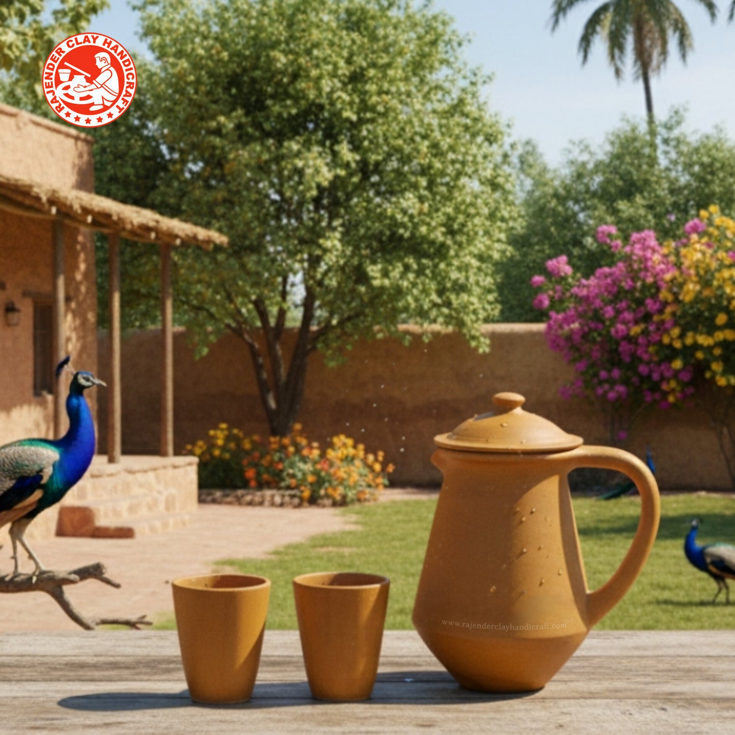 Handmade Mitti Kabutari Jug 2 Litre with 2 Clay Tumbler Glasses (250 ml Each) | Traditional Earthen Water Set | Natural, Eco-Friendly, Handcrafted Clay Drinkware by Rajender Clay Handicraft