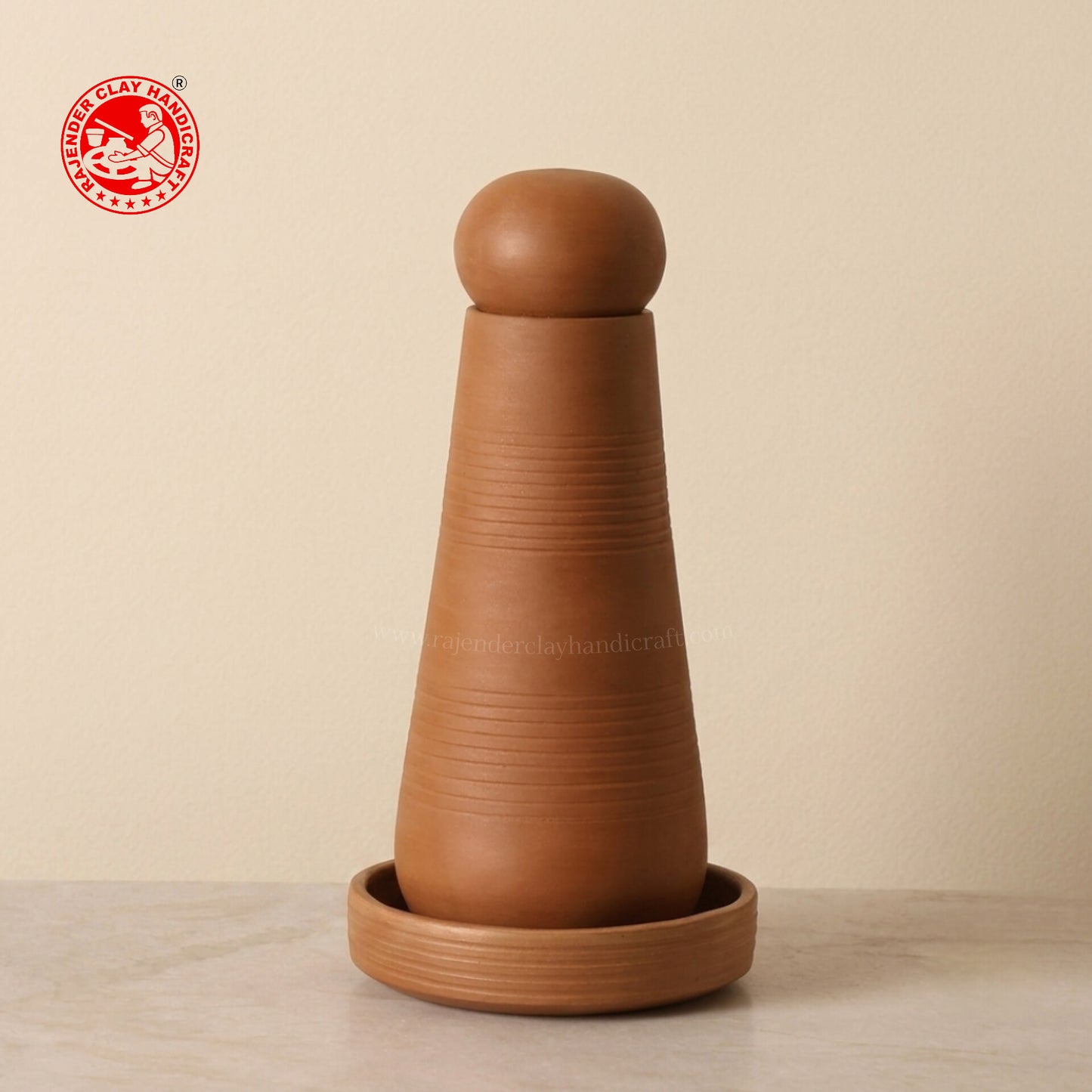 Premium Handmade Terracotta Water Bottle Carafe with Lid & Base Plate | Natural Earthen Clay Water Bottle for Natural Cooling, Traditional Dining & Bedside Use