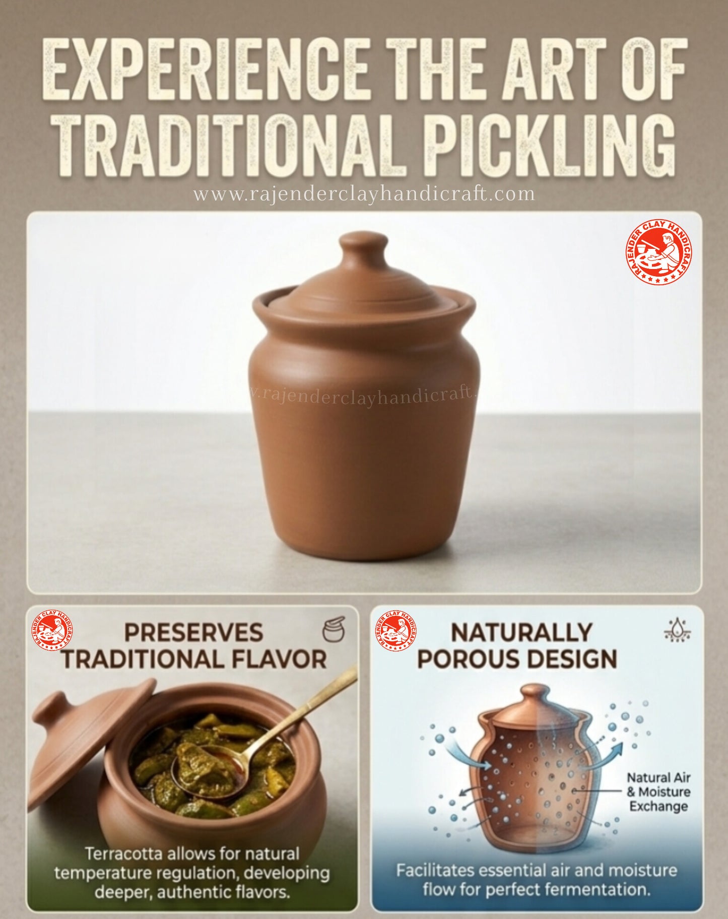 Premium Handmade Mitti Pickle Jar with Lid | Clay Achar Martban for Pickle Storage | Natural Earthen Pot for Spices, Salt & Sugar | Eco-Friendly Chemical-Free | Rajender Clay Handicraft