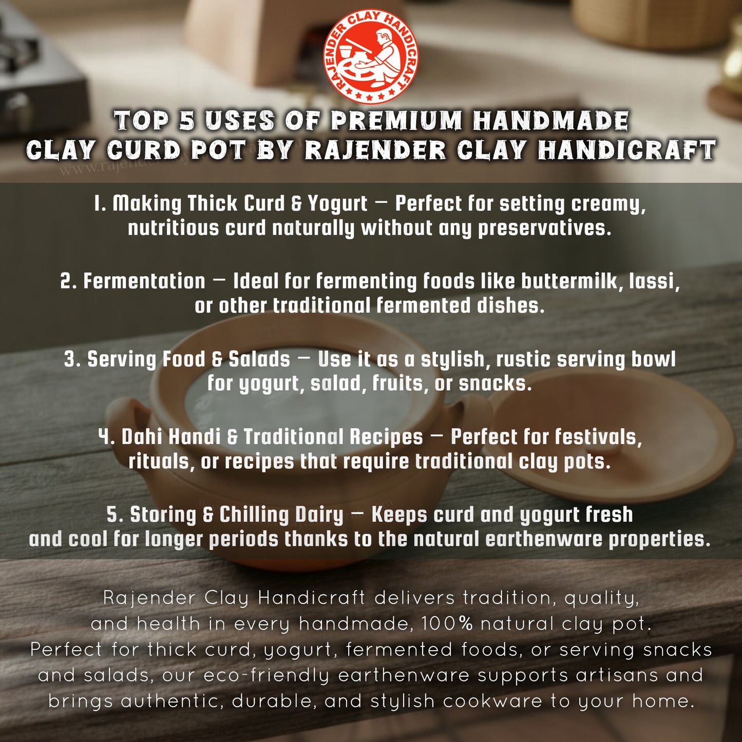 Premium Handmade Clay Curd Pot with Side Handles | 1 Liter Dahi Handi for Thick Curd, Yogurt, Fermentation, Serving Food & Salad | Traditional Earthenware by Rajender Clay Handicraft