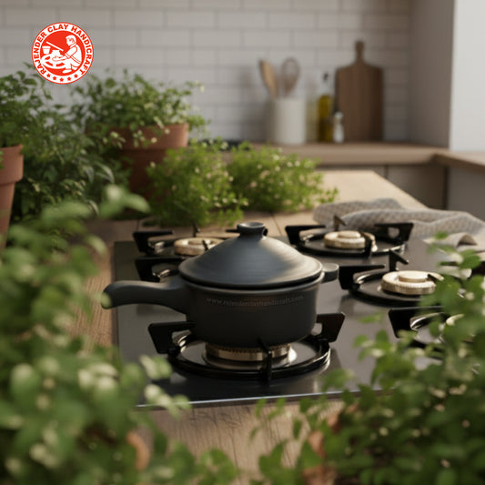 Handcrafted Black Clay Saucepan by Rajender Clay Handicraft | Eco-Friendly Mitti Pan for Tea, Milk, Curry & Sauces | Traditional, Natural & Non-Toxic Earthen Cookware | Sustainable & Handmade Kitchenware