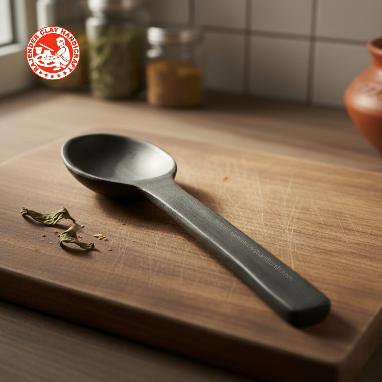 Black Flat Serving Spoon (Spatula) | Handmade Mitti Clay Turner for Cooking & Serving | Natural, Eco-Friendly, Chemical-Free | Traditional Kitchen Tool by Rajender Clay Handicraft