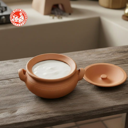 Premium Handmade Clay Curd Pot with Side Handles | 1 Liter Dahi Handi for Thick Curd, Yogurt, Fermentation, Serving Food & Salad | Traditional Earthenware by Rajender Clay Handicraft